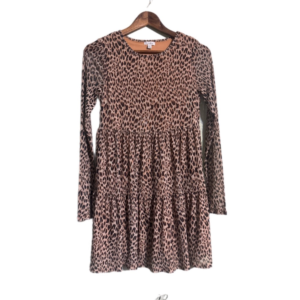 Love Fire Leopard Print Mesh Babydoll Dress Women XS Brown Excellent Tiered Mini